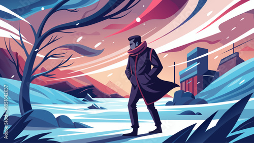 Silhouette of a walking man in a winter coat, leaning against strong wind in an outdoor environment, depicted in a clean vector style, illustrating struggle and movement through harsh weather