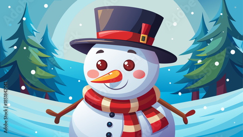 Cute cartoon snowman illustration wearing a black top hat and red scarf with a carrot nose, designed in a simple, cheerful style that captures festive winter holiday joy