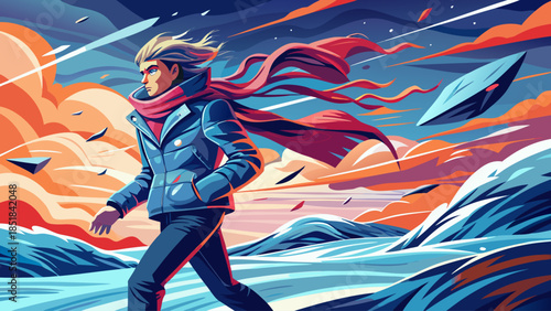 Vector illustration of a male figure walking through intense wind, wearing a winter coat, conveying dynamic motion, resilience, and the chilly atmosphere of winter weather