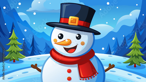 Cheerful cartoon snowman character with a black top hat, bright red scarf, and carrot nose, illustrated in a clean and friendly style perfect for winter holiday designs