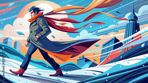 Vector illustration of a male figure walking through intense wind, wearing a winter coat, conveying dynamic motion, resilience, and the chilly atmosphere of winter weather