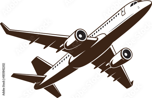 A black and white illustration of a passenger airplane in flight