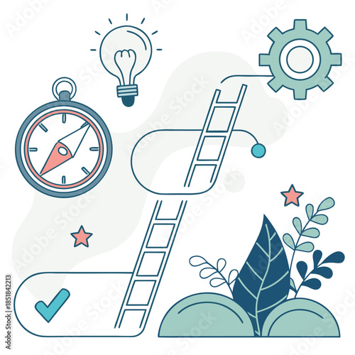 A graphic illustration of a compass, ladder, gear, light bulb, stars, and plants, with a check mark suggesting a plan to achieve a goal.
