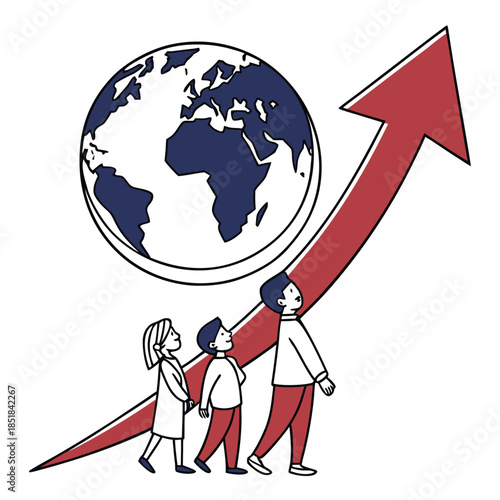 A collaborative illustration of people looking toward future development with the globe and upward trend arrow. Represents the ambition of people for future