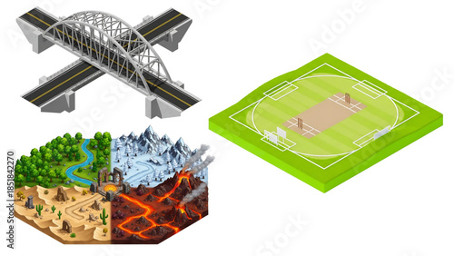Cricket ground and bridge with different landscapes