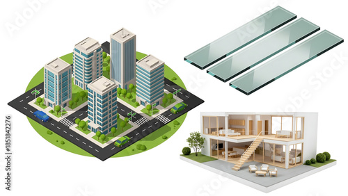 Modern buildings and glass panels 3d illustration