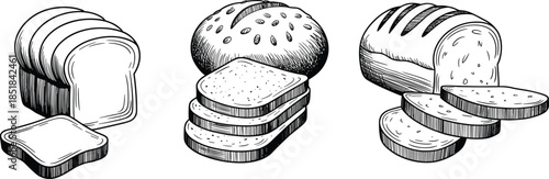 Hand drawn bread loaf slices illustration, black white bakery line art engraving style set vintage