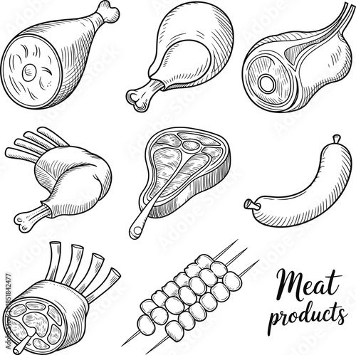 Hand drawn meat products illustration, black white line art butcher cuts engraving style set vintage