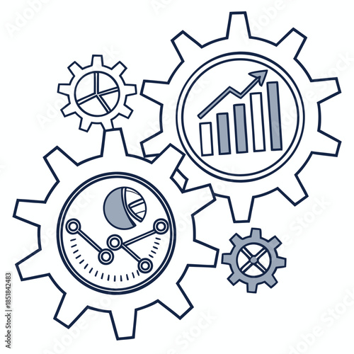Gears with diagrams representing business growth and data analysis