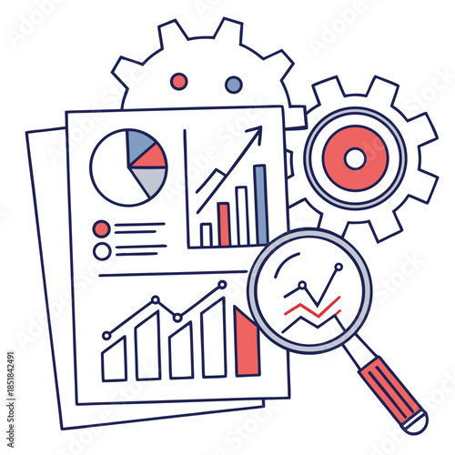 Detailed illustration of business analytics and data analysis, with charts, graphs, and gears, highlighting the core concept of growth