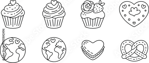 Hand drawn cupcake heart doodle icons coloring page, cute love food world line art set