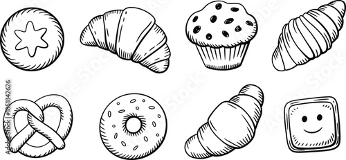 Hand drawn bakery icons set, croissant donut muffin pretzel pastry bread sketch illustration vector food