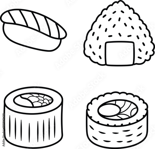 Japanese food icons illustration, sushi roll, nigiri, onigiri rice ball, minimal black line vector set