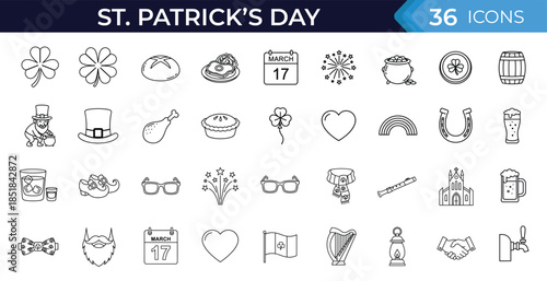 St. Patrick’s day outline thin icons set. Irish holiday symbols, shamrock, leprechaun, beer, calendar, harp. Vector illustration