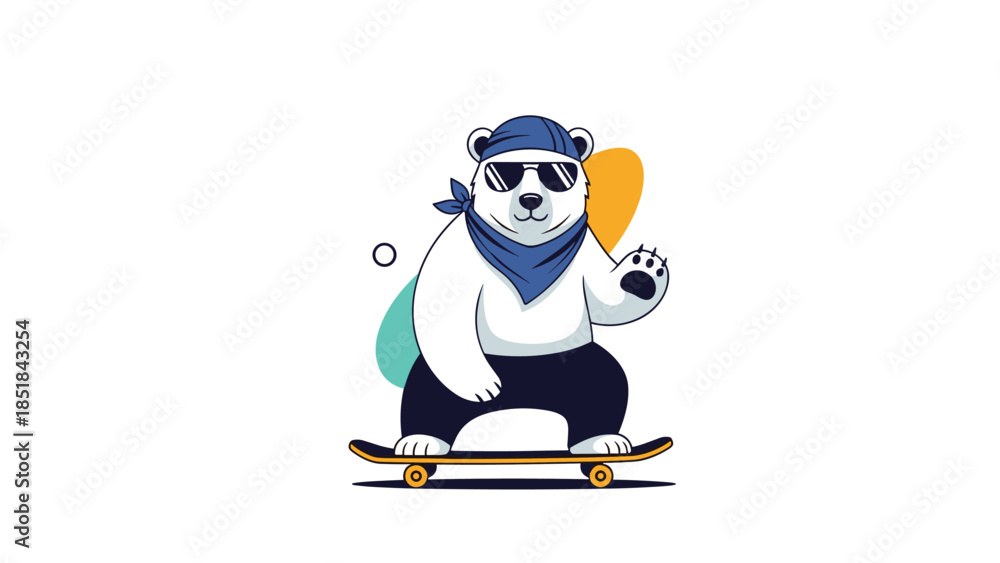 Obraz premium Cool polar bear character wearing blue sunglasses and a bandana riding a skateboard against an abstract white background design.