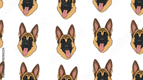 Seamless pattern featuring multiple heads of happy German Shepherd dogs with their tongues out on a white background for pet products.