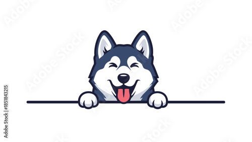 Happy husky dog character with a smiling face and tongue out peeking over a thin black line against a clean white background design.