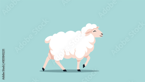 Simple illustration of a fluffy white sheep walking calmly across a light blue background for farm or nursery themed designs.