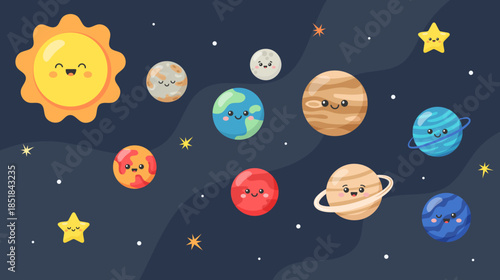 Cute planets of the solar system. Vector illustration for children.