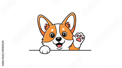 Cute Welsh Corgi puppy character waving its paw and smiling while peeking over a horizontal line on a white background for kids.