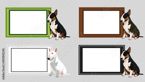 Set of decorative rectangular frames in green brown white and black colors each featuring a cute bull terrier dog character mascot.
