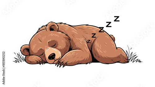 Peaceful brown bear character sleeping soundly in a patch of grass with zzz symbols floating above against a white background.