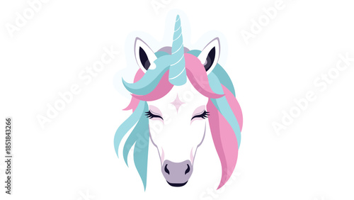 Magical unicorn head illustration with a pastel blue and pink mane and eyes closed in a peaceful expression on a white background.