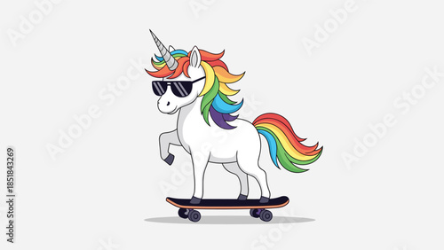 Stylish white unicorn character with a rainbow mane wearing black sunglasses and riding a black skateboard on a gray background.