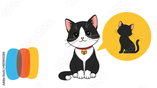 Intelligent black and white cat character sitting with a thought bubble showing a silhouette of itself on a white background design.