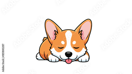 Small Welsh Corgi puppy character sleeping peacefully with its eyes closed and tongue sticking out on a white background illustration.