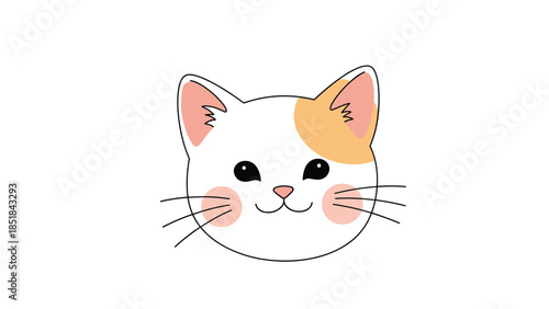 Cute white cat face illustration with orange patches and pink blush on its cheeks looking friendly on a white background for stickers.