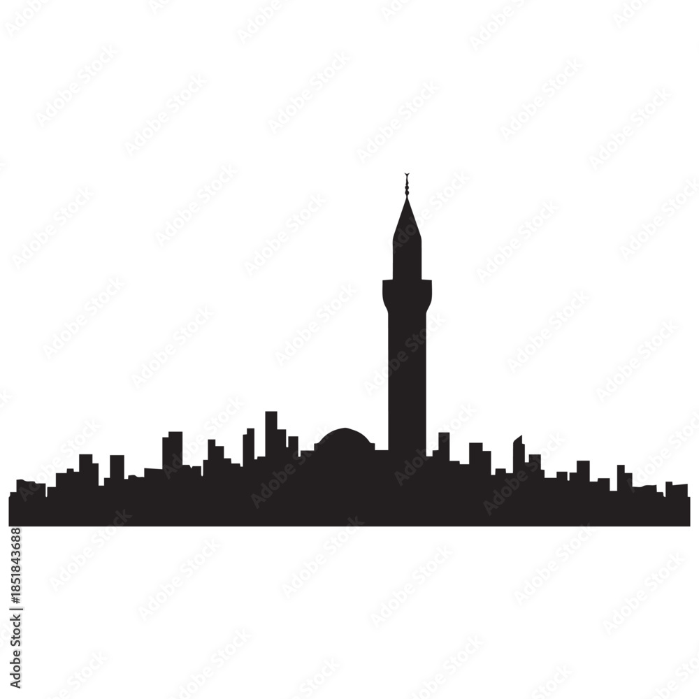Obraz premium Modern city skyline with tall tower and mosque silhouette