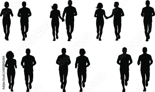 Running silhouettes, jogging people, athletic motion, fitness activity, black figures, dynamic movement, outdoor exercise, sports posture, healthy lifestyle, isolated background
