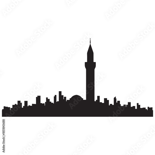 Modern city skyline with tall tower and mosque silhouette