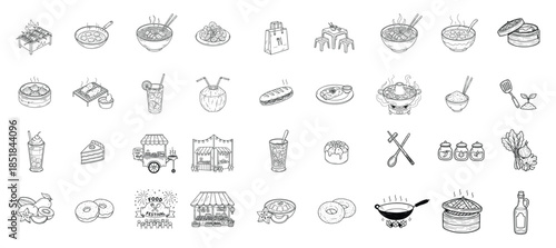Street food and local cuisine doodle hand drawn icons set. Regional dishes, night market, food festival, traditional snacks, drinks. Vector illustration