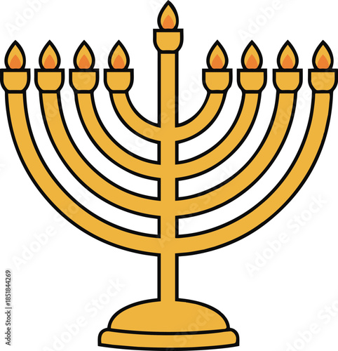 Golden Hanukkah Menorah vector illustration. Traditional Jewish nine-branched candelabra with burning candles