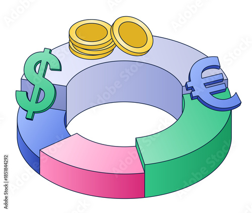 Pie chart with coins and currency signs