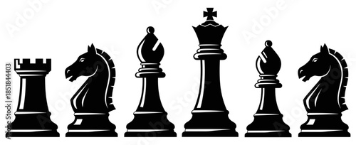 Black and white vector illustrations of chess pieces including king rook knight and bishop isolated on a clean white background