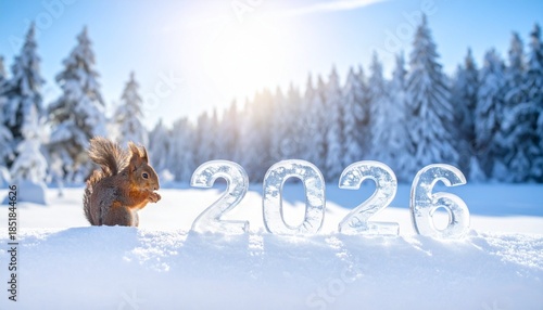 Ice 2026 digits in snow with squirrel