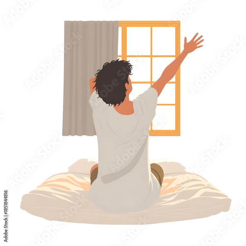 A man is sitting on a bed and looking out the window