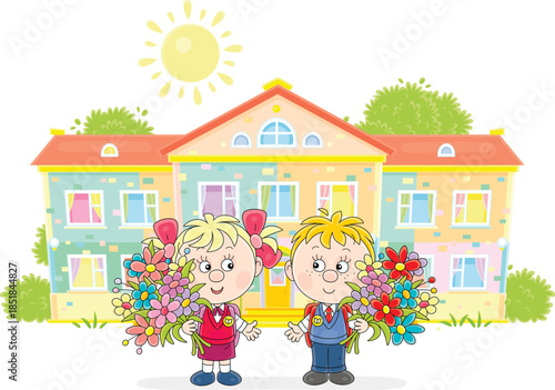 Happy little schoolboy and schoolgirl with schoolbags and flowers going to their pretty school on the first of September, vector cartoon illustration on a white background