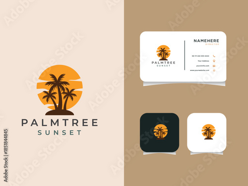 Palm tree and sunset, beach logo design vector template