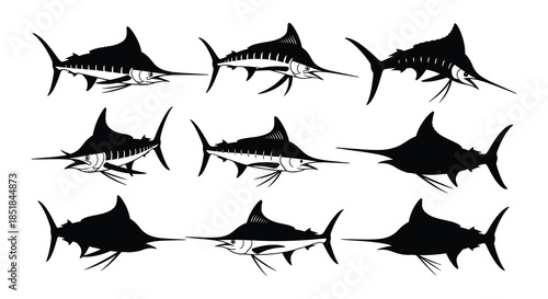 A collection of stylized black and white marlin fish illustrations