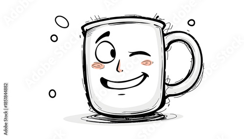 A cartoon mug with a smiley face and a wink