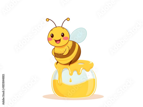 A cartoon bee is sitting on a jar of honey