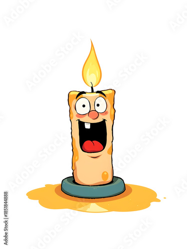 A cartoonish candle with a big smile on its face and a mouth open wide