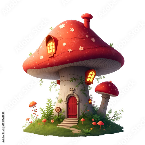 A red mushroom house with a red door and windows