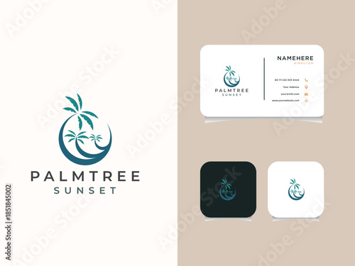 Palm tree and sunset, beach logo design vector template