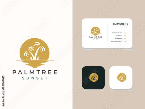 Palm tree and sunset, beach logo design vector template