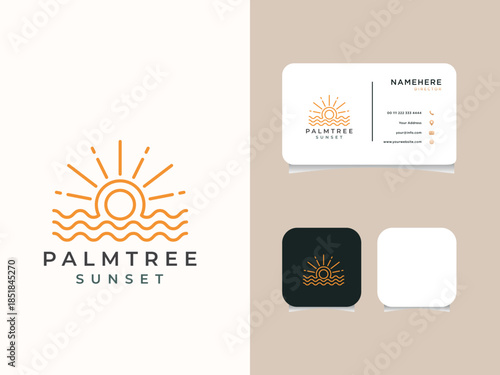 Palm tree and sunset, beach logo design vector template